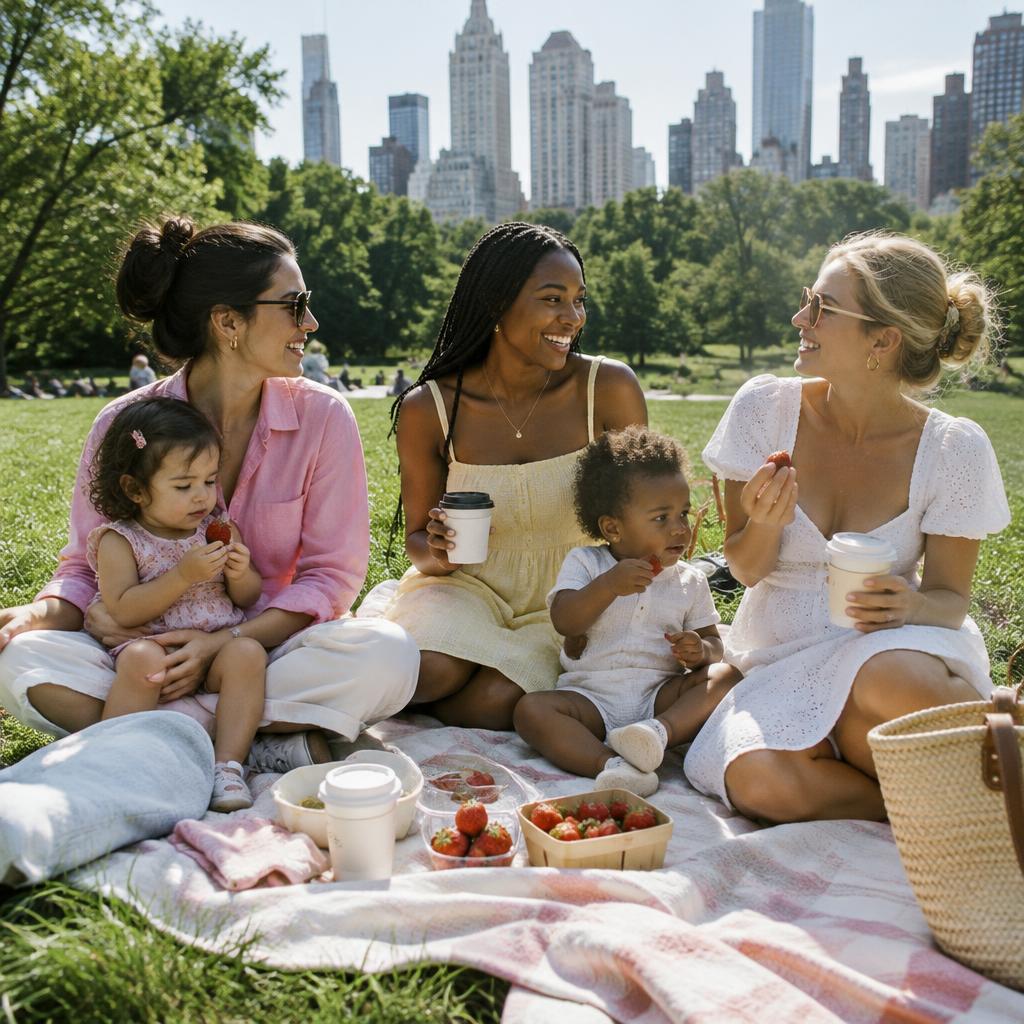Mothers and children enjoying a picnic together in a New York park